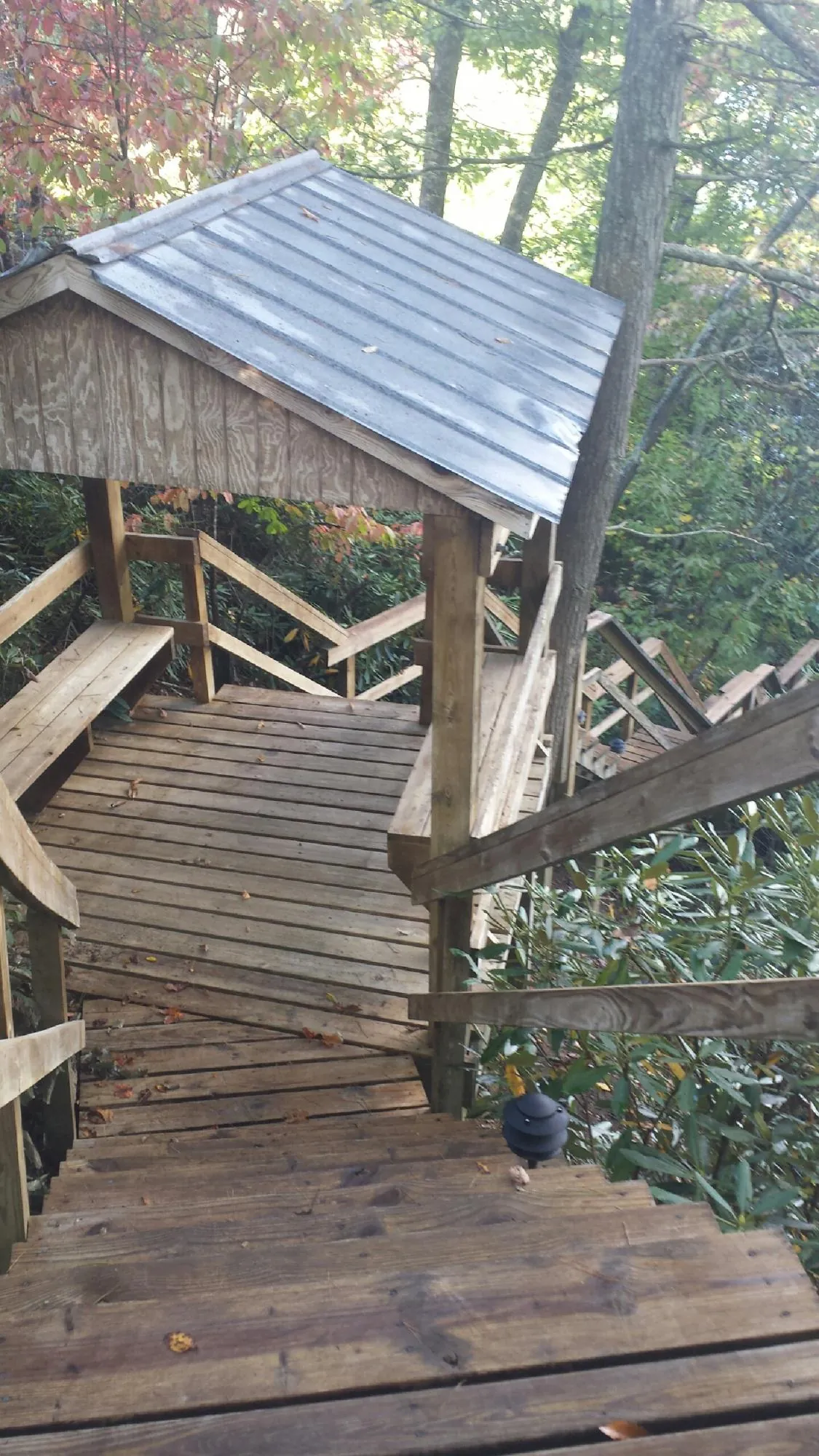 Metal roofed shelter over wooden steps on a wooded walkway — Skylight Repair & Installation work by our crew in Foster